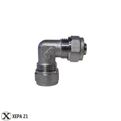 Никелирано месингово двустранно коляно Ф18 х Ф18 за свързване на многослойни тръби под ъгъл 90° 