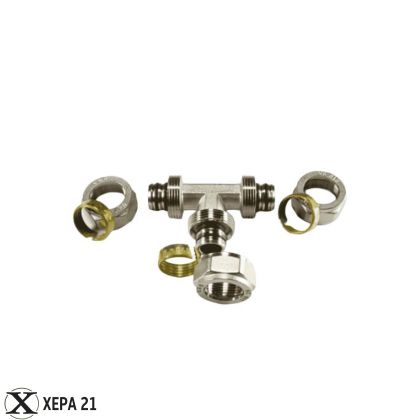 Никелиран месингов редуктивен тройник 16-20-16 за многослойни тръби с алуминиева вложка 