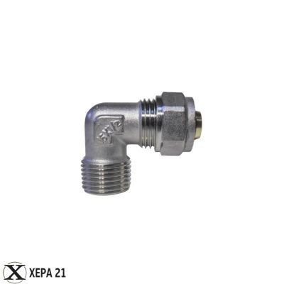 Никелиран месингов ъглов преход Ф20 х 3/4" мъжки за многослойна тръба PEX-AL-PEX 